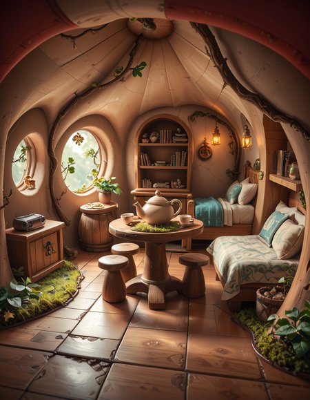 score_9, score_8_up, score_7_up,amazing quality, ultra realistic, 3D, HD, best quality, amazing quality, very aesthetic, absurdres
A highly detailed, realistic photograph of a tiny gnome house nestled at the base of an ancient oak tree, taken in soft morning light with a gentle mist hanging in the air. The house is crafted from natural materials: smooth stones form the lower walls, and curved wooden planks create a round, thatched roof with patches of moss and small wildflowers growing on top. Tiny circular windows with stained glass panels glow faintly from within, casting warm amber and green hues. A miniature wooden door with intricate carvings sits slightly ajar, surrounded by tiny lanterns that hang from delicate hooks, each softly glowing. Around the house, the forest floor is covered in dew-kissed clover, mushrooms of varying sizes and colors, and winding little cobblestone paths. In the background, tall ferns and oversized leaves tower, giving the scene an enchanted, hidden feel. Subtle rays of sunlight break through the canopy above, highlighting fine details with a dreamy, ethereal atmosphere. Hyper-realistic style, high-resolution, rich earthy tones, with an overall cozy and magical woodland vibe. No creatures or people, only nature and the charming architecture of the gnome's home.
<lora:SDXLFaeTastic2400:0.4> <lora:extremely_detailed:0.4> extremely detailed,tiny gnome h0us3 <lora:tiny_gnome_h0us3-p:1>