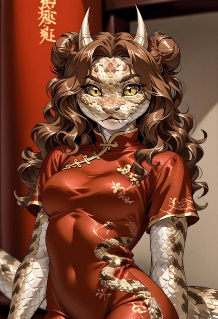 score_9, score_8_up, score_7_up, (by jailbird:1.5), (by kittydee:1.5), (by zummeng:1.5), masterpiece, best quality, (solo),  
(Furry Art: anthro: saharan horned viper:1.5), 1girl, expressive eyes, feminine eyes, <lora:beautiful_detailed_eyes:1>, perfect face, snake, reptile, horned eyebrows, scales, multicolored scales, light brown scales, brown spots, white scales, snake eyes, yellow eyes, (brown hair:1.5), (wavy hair), (chinese hair buns), medium breasts, (chinese style shirt:1.5), (tight pants:1.5),