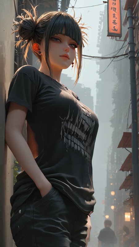 score_9, score_8, score_8, night, darkness,
1girl, solo, expressiveh, Toga Himiko, (black hair:1.3), sexy pose, seducing looks, big breasts, perfect face, detailed face, perfect eyes, detailed eyes, smiles slightly, perfect hand, portrait, (fullbody:0.9), very low angle view, 
punk style, punk clothes, dark clothes, torn clothes, short t-shirt, loose t-shirt, (black T-shirt:1.1), chains on clothes, black trousers, piercings, she stands with her arms crossed,
detailed background, alley, wires, poles, (((night, dramatic light, modern alleyway, dark, very dark, darkness, low light))), 
realistic, photo, photorealism, detailed,