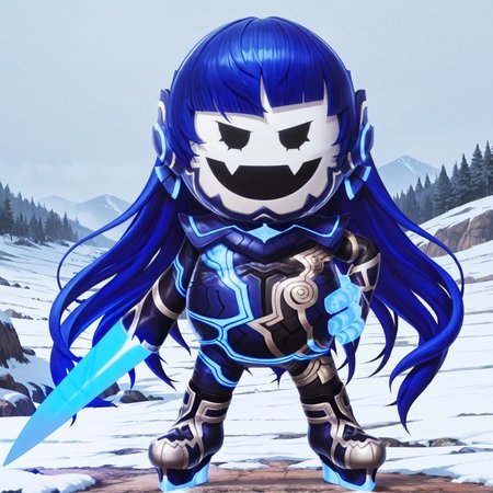 uncensored, masterpiece, best quality, highly detailed, realistic, solo, Nahobeeho, humanoid, ambiguous gender, blue hair, very long hair, hime cut, black eyes, mob face, flesh fangs, white body, white skin, blue bodysuit, multicolored bodysuit, full body suit, arm weapon, light-blue plasma sword, blue fingers smile, open mouth, looking at viewer, standing, hand on hip, 4 fingers, mountains, snow, foggy, detailed background