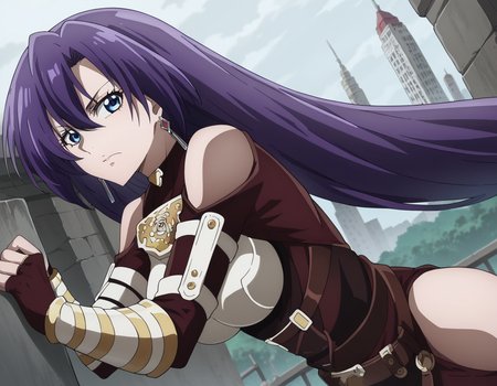 score_9, score_8_up, score_7_up, source_anime,
arthurpencilgon, <lora:arthur-pencilgon-ponyxl-lora-nochekaiser:1>,
arthur pencilgon, long hair, blue eyes, hair between eyes, very long hair, purple hair,
gloves, belt, armor, clothing cutout, breastplate, bare shoulders, earrings,
outdoors, cityscape, bent over,
looking at viewer, dutch angle, cowboy shot,