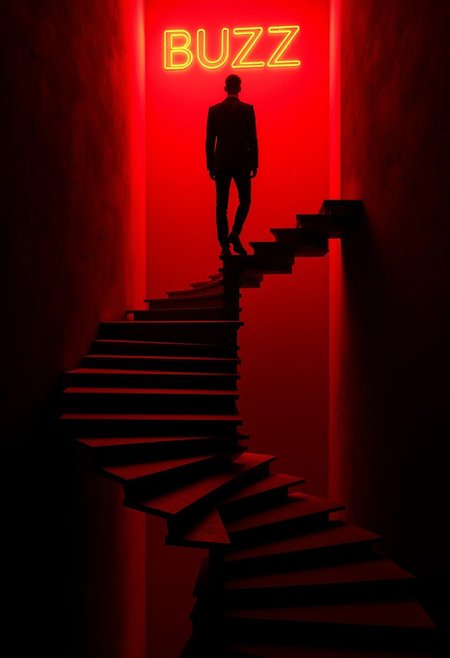 aidmaMJ6.1, a silhouette of a man walking up winding staircase, the stairway is floating in an abyss, red and black coloring, at the top of the stairway is the word "BUZZ" in bright colors