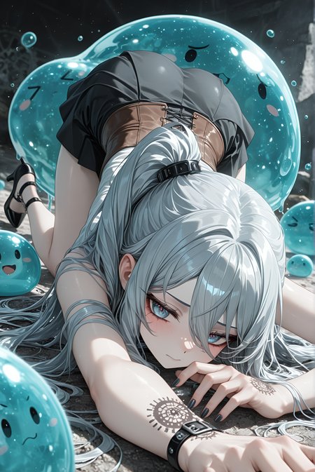 Steampunk corset with gears and goggles, blurry background, Midnight, long_nails, Silver Gray Theme, slime, large breasts, A digital anime artwork in the style of cklg, amazing quality, nose_boop, very aesthetic, nail_polish, heels, HDR, absurdres, ultra-detailed, ambient occlusion, Naomi Tanizaki (Bungou Stray Dogs), slime_(creature), Top-down view, newest, best quality, Peek-a-boo streaks, depth of field, anime character, dreamcore, 1girl, Side-swept ponytail, very long hair, human, absolutely eye-catching, pale skin, close-up, motion_lines:1.1, paired with a short skirt, Base camp area on a high mountain expedition., wrist tattoo, 8K, motion_blur:1.1, Mercury-vapor Streetlight (Blue/green), masterpiece, no top.
