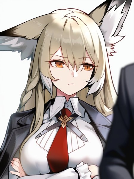 masterpiece, best quality, very aesthetic, highres, absurdres,(miurahha, bacius, ririko \(fhnngririko\):0.4), <lora:vulpisfoglia:1>,collared shirt, 1girl, long sleeves, white shirt, black necktie, upper body, red necktie, solo focus, simple background, crossed arms, closed mouth, vulpisfoglia (arknights), animal ear fluff, black jacket, white background