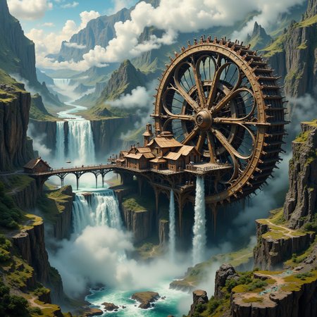A colossal, intricate fantasy steampunk waterwheel, adorned with brass filigree and copper accents, powers a majestic floating village, with thatched roofs and billowing smoke, suspended high above the mist-shrouded depths by a latticework of wooden beams and steam-powered pulleys, as a gargantuan, surreal waterfall cascades down a sheer, rugged cliffside, its torrential waters churning the wheel's massive, toothed cogs, surrounded by a halo of mist and spray, evoking the atmospheric, cinematic scenery of Syd Mead, the mechanical, industrial elegance of H.R. Giger, and the epic, dreamlike quality of Zdzisław Beksiński.