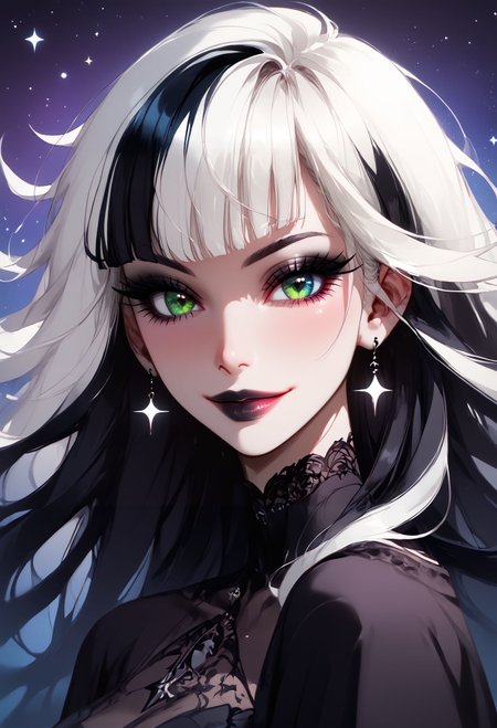 zPDXL3, score_9,score_8_up,score_7_up, stunning eyes, protruding lips, lipstick, eyeliner, eye shadow, beautiful and intricate hair, high-res, beautiful aesthetic, very intricate, high quality details. 
1girl, Goth girl, heterochromia, blue and green eyes, long eyelashes, bangs, stars, sparkling colors, long goth hair, white hair, black hair, streaked hair, multicolored hair, sexy pose, goth outfit, wind blowing hair, evil smile, night <lora:cutesexyronutts_style_xl:0.3> <lora:Expressive_H:1>  <lora:incase-ilff-v3-4:0.5> <lora:PossumMachine_v2:0.5>  <lora:MythAnim3Style:0.45> <lora:T-Rex_Studio_Style_v2.0:0.8>​​​ <lora:gg3:0.8>
