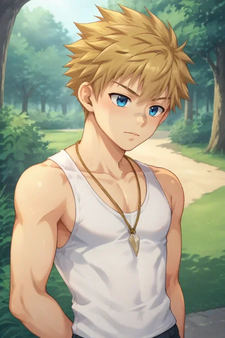 score_9, score_8_up, score_7_up, source_anime, rating_safe, intricate details, anime screencap, , , , , 1boy, solo, male focus, <lora:connor_bleufin_pony:0.9>, connor_bleufin, blonde hair, blue eyes, short hair, spiked hair, bandaid on face, necklace, profile, park, day, arms behind back, :\3, , <lora:sdxl_lightning_8step_lora:1>