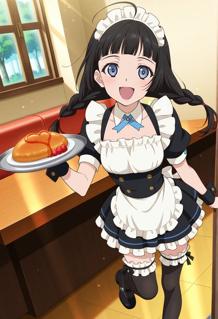 indoor, restaurant, trees, windows, light beams, 
BREAK,
open smile,  blush, standing on one leg,
full body, dynamic angle,
BREAK,
<lora:kohak_illustriousXL_v03:1>
kohakrnd, black hair, twin braids, long hair, blunt bangs, ahoge, 
kohakmd, breast cutout, maid uniform, miniskirt, frilled skirt, apron, short sleeves, wrist cuffs, black cuffs, 
black thighhighs, black mary janes, frilled thighhighs,, source_anime, very aesthetic, anime coloring, masterpiece, 
best quality, amazing quality, ultra detailed, very aesthetic, 
detailed background, 
BREAK,