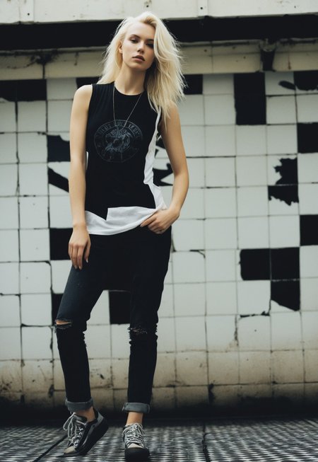 safe_pos, pefect anatomy, detailed skin texture. (fashion editorial:1.2), analog photography, moody atmosphere, dim unlit, soft lighting, dramatic shadows.
woman, petite toned body, pale skin, bleached hair, wearing loose black sleeveless graphic tee and skinny jeans, canvas shoes. raw and worn off style exuding carefree rock and roll lifestyle. she poses confidently and seductive, leaning against background. 
background polished asymmetric checkered tiles of old slaughterhouse, reflections.