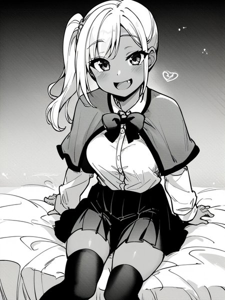 score_9, score_8_up, score_7_up,  
1girl, monochrome, medium breasts, white hair, side ponytail, dark-skinned female,

school uniform, cape, bowtie, white shirt, long sleeves, pleated skirt, thighhighs, sitting, on bed, smile, open mouth, fang, looking at viewer,