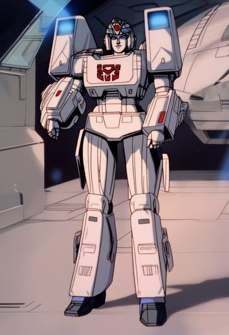 score_9, score_8_up, score_7_up, animation, transformers, 1girl, robot, Decepticon, Tall, slim, Seeker, Starscream glowing eyes, blue eyes, large eyes, circular eyes, white armour (minor blue detail), forward long jet swept wings, transforms into futuristic Stealth Mig Fighter Jet, full body, cowboy shot, smiling, holding null ray blasters, Decepticon Symbol, long skirt armour (minor blue glass detail), head crown,
 <lora:StarScream1.2:1>