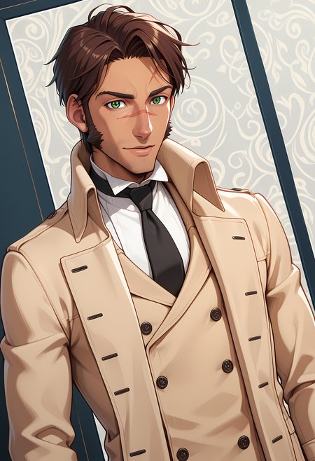 masterpiece, best quality, amazing quality, dutch angle, abstract background, BREAK
1boy, solo, male focus, tc_louis, brown hair, short hair, dark skin, green eyes, nose scar,  sideburns, stubble, trenchcoat, white shirt, black necktie, BREAK
<lora:cfg_scale_boost:.6>  <lora:Louis_Mauras_de_Richet_-_The_Council_-_ILXL:1>