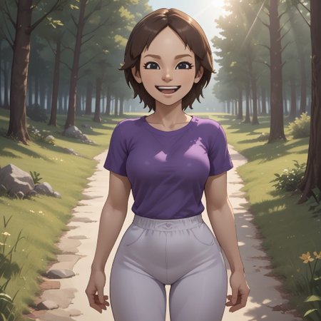 score_9, score_8, BREAK, solo, wii, mii, wii fit, 1girl, female mii, brown hair, dark blonde eyebrows, black eyes, open mouth, purple clothing, white pants, barefoot, cute, Maeda_(Wii_Fit), breasts, nintendo mii, modern_mii, classic_mii, full body, sexy pose, smile, outdoors, sunlight, shadows, evening lighting, natural lighting, forest, trees, grass, orange sky, sunset