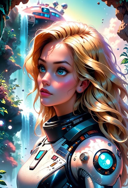 score_9, score_8_up, score_7_up, source_realistic, rating_safe, hyperrealistic and hyperdetailed,mythp0rt,art by mooncryptowow, artstyle by Jed-cmc,
1girl, blonde hair, long hair, blue yes, black lips, glossy makeup, space_space cybernetic space suit, futuristic space suit, on an exotic planet surrounded by lush vegetation, twin suns, waterfall in distance, lens flare, dutch angle, cowboy shot