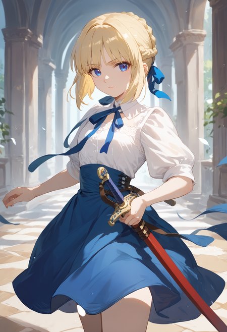 score_9, score_8_up, score_7_up, sheathed sword, 1girl, saber, blonde hair, french braid, hair ribbon, white shirt, neck ribbon white dress, looking at viewer, blue skirt
<lora:sheathed_sword_pony_1_final:1>