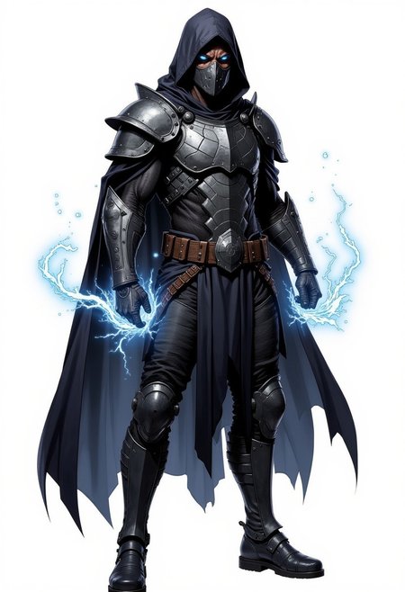 Epic, comic book style detailed digital character rendering of a black-skinned futuristic warrior. The character has a hood covering their head, and wear a mask covering bottom half of their face including nose. They wear a suit of armor with a broad, masculine muscular chest piece made of metal plates, lending an imposing and rugged look. The armor transitions into a more feminine shape around the hips and legs. Their eyes and hands spark with lightning blue magic. Standing in a confident, ready-for-battle stance. The design incorporates various textures, including metal, fabric, and reinforced padding, with one arm featuring a shoulder guard. Presented on a transparent background, the focus remains solely on the character's detailed, blended design.