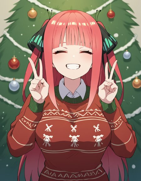 score_9, score_8_up, score_7_up, source_anime, <lora:nnakano-s2-ponyxl-lora-nochekaiser:1>, long hair, bangs, hair ornament, hair ribbon, pink hair, blunt bangs, two side up, butterfly hair ornament, large breasts,, <lora:christmas-sweater-ponyxl-lora-nochekaiser:1>, christmas sweater, christmas, ugly sweater, print sweater, red sweater, christmas tree, christmas ornaments, sweater, multicolored sweater, , v, smile, hands up, teeth, closed eyes, cowboy shot,