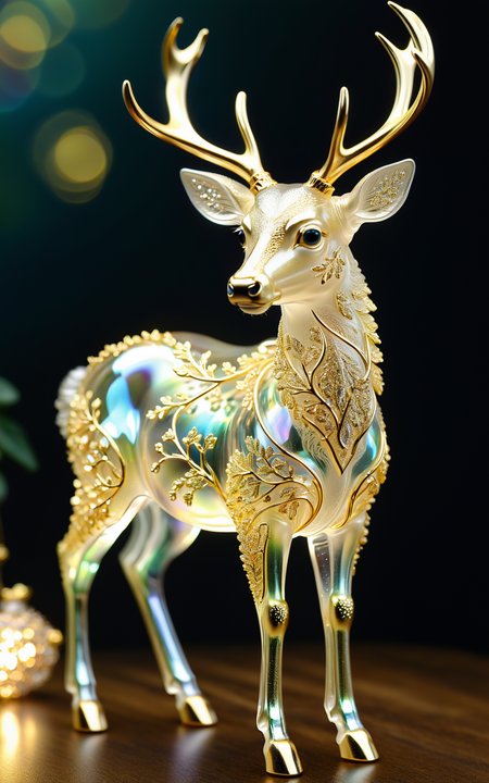 extremely delicate iridiscent deer made of glass, translucent, tiny golden accents, beautifully and intricately detailed, ethereal glow, whimsical, art by Mschiffer, best quality, glass art, magical holographic glow<lora:xl_more_art-full_v1:0.5>