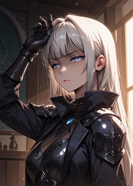HDR,masterpiece, absurdres, newest, highres, very aesthetic, detailed eyes, fit body, godrays, ambient occlusion, soft lighting, highest quality, (volumetric lighiting:1.1), realistic skin, low lighting, trending on artstation, gothic,
adult, LGSPX, (anime screencap:1.3), anime screencap, 1girl, Namgoong Bi-Ah, solo, long hair, white hair, bangs, blue eyes,
BREAK
armor, tall coat, open coat, long collar, serious, half-closed eyes, shoulder armor, black bodysuit, armor, plated armor on gloves, looking at viewer, upper body, angry, from side, (half-shaded face:1.1), glowing eye, raised arm, hand up, armored hand, gauntlets, dark coat, detailed, (shiny skin), soft shaded, dark, Low-key lighting, depth of field, oudoors
<lora:princess_xl_v2:0.6> <lora:add-detail-xl:0.25>  <lora:30_LOL:0.6>  <lora:g0th1cPXL:0.4>  <lora:Namgoong_Bi-Ah:0.5>