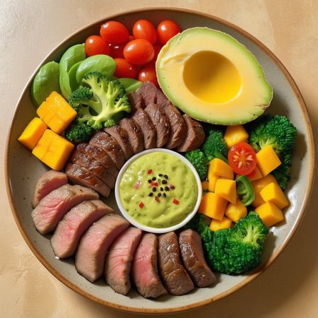 avocado,Generate a realistic photo of a neatly arranged, healthy fitness meal, consisting of a generous portion of meat, slices of mango, and a variety of vegetables. The ingredients should be displayed in an organized manner on the plate, emphasizing the harmony of colors and textures. The meat should be succulent and well-seasoned, but without any black pepper. Vegetables should add a fresh and vibrant green to the composition, creating a visually appealing contrast with the yellow of the mango and the rich color of the meat. The presentation is key, with each component of the meal having its distinct place on the plate, showcasing a balance of nutrition and aesthetics, <lora:fitfood:0.8>,fitfood