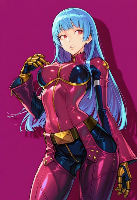 masterpiece, best quality, very aesthetic, absurdres, 
1girl, cowboy_shot, solo, vanillaware, 
breasts, revealing clothes, cowboy shot, (masterpiece),(best quality),(ultra-detailed),(best illustration),(best shadow),(absurdres),(detailed background),(very aesthetic)
,
NishimuraXL,
,wet,sweat drop, kula diamond, 1girl, solo, long hair, blue hair, gloves, breasts, zipper, red eyes, bangs, chaps, red lavender bodysuit,  gloves, gold gloves,  mechanical gloves,belt, covered navel