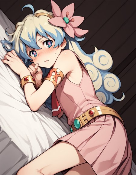 score_9, score_8_up, score_7_up, source_anime,
niateppelin, <lora:nia-teppelin-ponyxl-lora-nochekaiser:1>,
nia teppelin, cross-shaped pupils, hair flower, hair ornament, long hair, multicolored hair, simple background, symbol-shaped pupils, two-tone hair, ahoge, curly hair,
armlet, bracelet, dress, pink skirt, skirt, sleeveless,
indoors, bed, bed room, on side, blush, drunk,
looking at viewer, solo, cowboy shot, dutch angle,