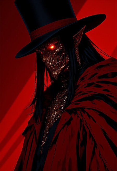 HD, 8K quality, ultra-detailed, dramatic illustration of a sinister man with long, flowing black hair cascading over his shoulders, a wide, toothy grin radiating malevolence, and glowing orange eyes that pierce through the darkness. He wears a sleek black top hat with a prominent thick red band, tilted slightly to one side, adding a touch of unsettling charm. His striking red coat, with a high collar and polished black lining visible along its edges, is buttoned up, exuding elegance tinged with danger. The composition is tightly cropped around his upper body, focusing on his face and torso to highlight his intense, predatory expression and the gleaming texture of his meticulously rendered clothing. The solid red background intensifies the dramatic atmosphere, complementing the limited color palette dominated by shades of red, black, and glowing orange. Smooth and polished textures define every element, from the silky flow of his hair to the sharp lines of his coat. His glowing eyes serve as the centerpiece, their vivid orange hue contrasting sharply with the darkness, while his wide grin and bold, angular features exude an aura of power and menace. The overall style channels dark fantasy and horror, creating a striking and memorable image saturated with tension and malevolent energy. mythp0rt, midjourney_whisper_avant_couture, ne0nfant4sy