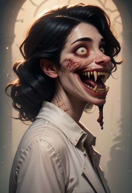 score_9, score_8_up, score_7_up, score_6_up, side profile, solo, biohorror mad scientist, monster transformation, fangs, decaying, wide eyes, crazy smile, flickering lights, shadows, gritty