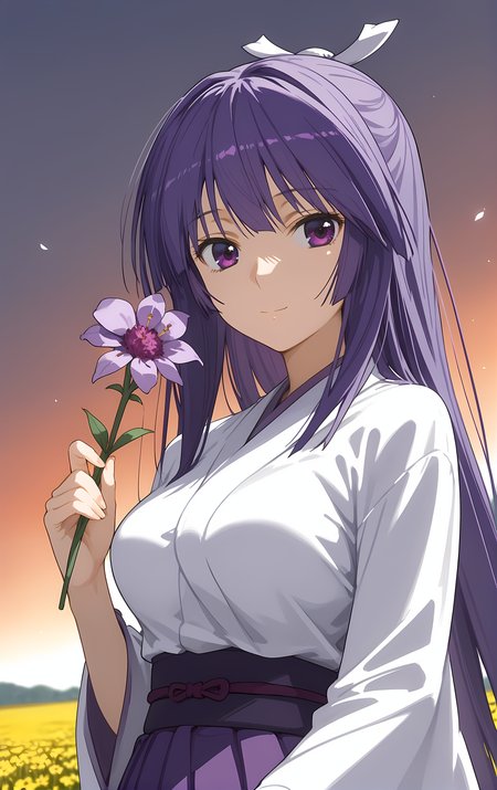 (score_9, score_8_up, score_7_up), looking at viewer, light smile, closed mouth, shiny skin, tight clothes,
ohwx, 1girl, solo, solo_focus, purple_eyes, long_hair, japanese_clothes, purple_hair, very_long_hair, breasts, ponytail, long_hair, breasts, large_breasts,
japanese_clothes, kimono, sash, kimono, skirt, hakama, hakama_skirt, purple_hakama, white_kimono,
sunrise, field, (holding flower:1.5), blurry, upper body, close-up, cowboy shot, dutch angle,
 <lora:miya_asama_pony_ss-000002:1>