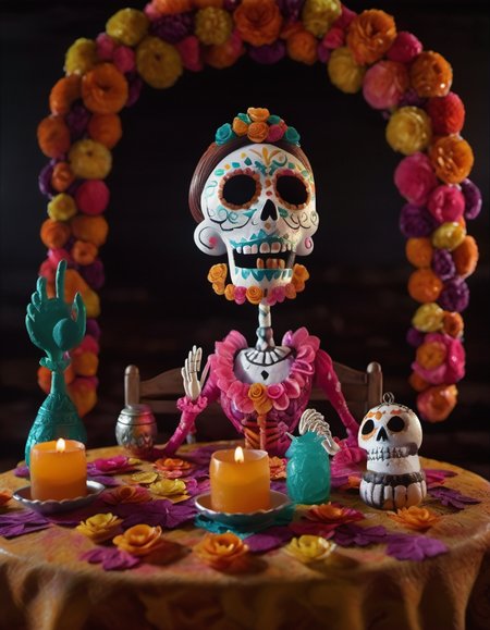 stopmotion, Dia de los Muertos (Day of the Dead), Colorful Skull Masks, Sugar Skull Art, Altars and Offerings, Celebrating Ancestors, Mexican Tradition. <lora:STOPMO_1.12_RC:0.9>