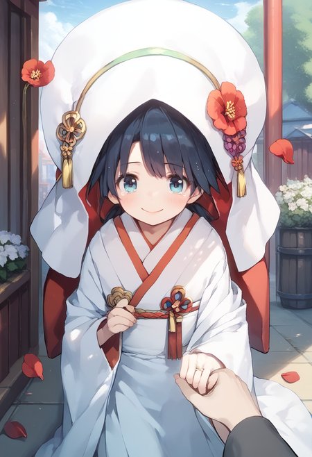 score_9, score_8_up, score_7_up,BREAK
female,solo,outside,flower petals,shinto shine,front view,ring, pov, solo focus, pov hands, holding hands,
standing, wedding ring, white kimono, happy, happy smile, tears of joy,
 <lora:houshou.pony:0.6> houshou, def, <lora:proposal_XL_v1:0:1.2> proposal, <lora:shiromuku-XLPony_v003:1> shiromuku