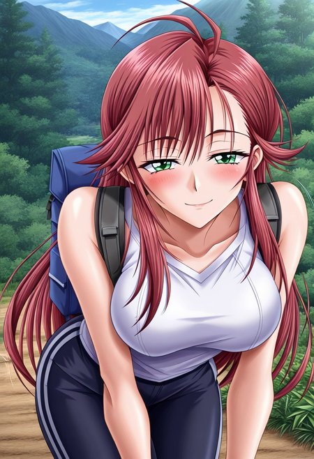 masterpiece, best quality, newest, highres, uncensored, 1girl, yokota mamoru style,1girl, slender face，motion lines,torogao,looking at the viewer,seductive smile,blush
Koga Yuki ,Ahoge Hair, Red Hair, Sidehair, Waist Length Hair,long Hair,Green Eyes, Tareme Eyes,Slim
mountain trail, hiking, nature, backpack, adventure, fresh air, , looking at viewer, bent over, smile, smug,, solo,, cowboy shot, dutch angle
