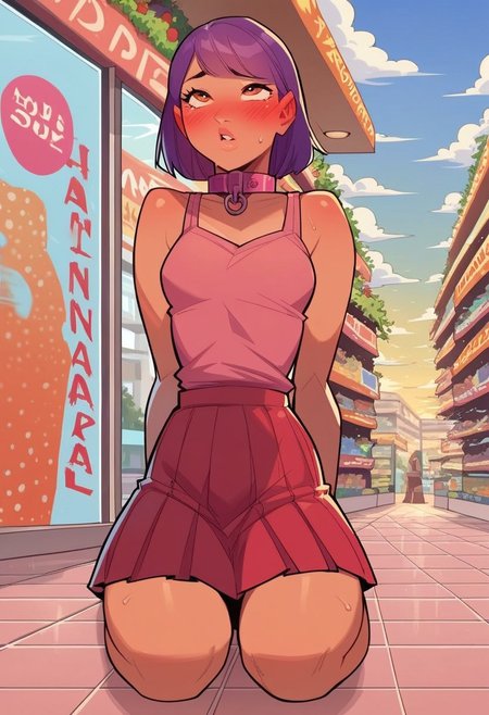 (busy shopping mall, stores, signs), (detailed background), 1girl, 18 year old American, purple hair, brown eyes, small breasts, submissive, pink tank top, pink slave collar, high details, blushing, sweating, turned on, squinting, eye roll, solo focus, centered, kneeling on the ground, hands pushing on skirt BREAK score_9, score_8_up, score_7_up, score_6_up, source_cartoon, rating_explicit, blue pleated skirt, egg vibrator strapped to leg