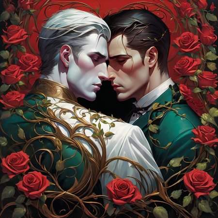 two men embrace front to back, looking away from each other, sad, downturned faces, tears, gothic, tragic romance, gay, gorgeous, cinematic, intricate, Art Nouveau roses and vines border, broken hearts, sorrow, tears, broken, concept art, oil painting, vivid colors, red, black, green, brown, white, yellow, purple, teal,