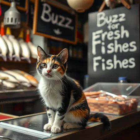 Calico Kitten sitting at counter of a fish store; demanding "Buzz" from customers; the store has a board written "Buzz for Fresh Fishes"