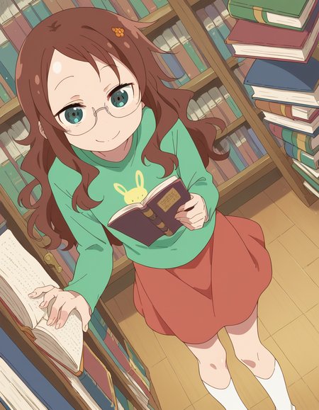 score_9, score_8_up, score_7_up, source_anime, <lora:riko-saikawa-s2-ponyxl-lora-nochekaiser:1>, riko saikawa, long hair, brown hair, green eyes, hair flower, hair ornament, flower,, skirt, shirt, long sleeves, red skirt, white socks, green shirt,, library, reading books, glasses, quiet, focused, shelves of books, smile, looking at viewer, from above,, solo,, dutch angle,