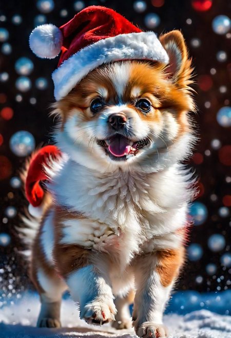 mj, Best Quality, cinematic, A unique and diverse white and brown Pomeranian puppy with a striking pattern, rendered in charming Disney-Pixar style, wearing a festive Santa Claus hat. RTX, 4k, Gabriele Dell'otto, AI Midjourney, bright saturated colors, watercolor, oil paints, HDR, 500px, 4k,