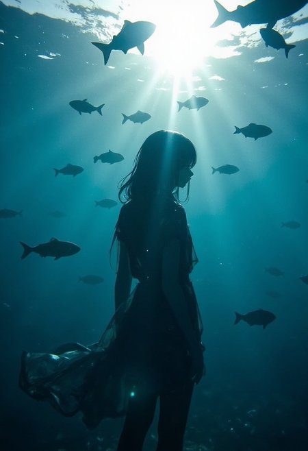 underwater, negative, a girl underwater along with fishes, sun ray passing though water, view from below, sun visible though water.