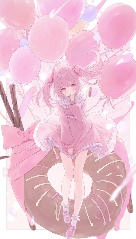 1girl, twintails, solo, doughnut, dress, pink eyes, pink dress, balloon, food, socks, pink footwear, bow, ribbon, long hair, pink ribbon, frills, looking at viewer, shoes, white socks, long sleeves, pink bow, pink hair, pink theme, frilled dress, dress tug, hair bow, full body,
masterpiece,best quality,newest,absurdres,highres,very awa,<lora:sei3_noob1.1-000200:0.9>,