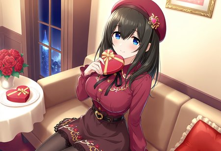 masterpiece, best quality, absurdres, highres,
idolmaster cinderella girls starlight stage, official art,
valentine,
sagisawa fumika, blue eyes, black hair, long hair, large breasts,
1girl, solo, blush, smile,
<lora:erisu barenntainn IL v1:0.6>,
red beret, hat ornament,
neck ribbon,
red collared shirt, long sleeves,
black belt,
brown skirt,
black pantyhose,
gold trim,
heart-shaped box,
indoors, red flower,