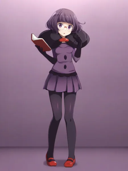 <lora:BWshauntaltsukishiro:0.7>
1girl, solo, shaunshikimital, purple hair, short hair, bob cut, blunt bangs, purple eyes, glasses, capelet, purple shirt, elbow gloves, purple skirt, pantyhose, red mary janes, indoors, purple room, standing, holding book, full body, looking away,