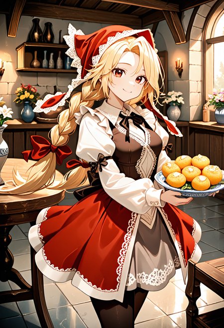 masterpiece, best quality, amazing quality, very aesthetic, absurdres, newest, scenery, <lora:illustrious_noobai_epsilon_pred_1_best_quality_v1:1> ,
1girl, <lora:illustrious_XL_cordelia:0.9> cordelia, dress, puffy sleeves, long sleeves, black pantyhose, 
solo, holding dishes, cowboy shot, 
smile, looking at viewer, 
indoors, medieval room, tile floor, stone floor, table, vase of flowers, extremely detailed, <lora:IL cfg scale boost:0.7>,