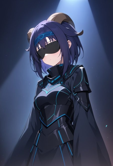 Prompt: (score_9), (score_8_up), (score_7_up), masterpiece, source_anime, best quality, perfect anatomy, very aesthetic, absurdres, Zyrnox-Exoterra Style, 1girl, two goat horns, goat girl, armor, blindfold, dark lighting, dark atmosphere, dark lights, dynamic lighting
