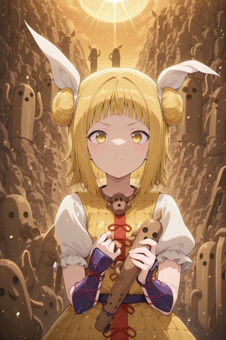 absurdres, highres, masterpiece, best quality, amazing quality, official anime artwork, screencap, anime screencap, looking at viewer, serious, 
 <lora:Mayumi-Joutouguu_Illustrious:1> joutouguu mayumi, 1girl, solo, yellow eyes, blonde hair, double bun, small breasts,, hair ribbon, white ribbon, haniwa (statue), necklace, yellow dress, armored dress, puffy short sleeves, white sleeves, purple vambraces,
light particles, holding,