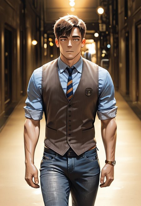 [正面+キャラ名:99],
1boy,solo,
[品質タグ:99],
masterpiece,perfect quality,best quality,amazing quality,absolutely eye-catching,
[身体特徴:99],
muscle,brown hair,
[服装:99],
collared shirt,vest,jeans,necktie,wristwatch,sleeves rolled up, 
[﷿ーズと解剖学的詳細:99],
walking,
[環境・背景:99],
cowboy shot,
dynamic lighting,cinematic lighting, professional lighting, 
[追加の品質/スタイルタグ:99],