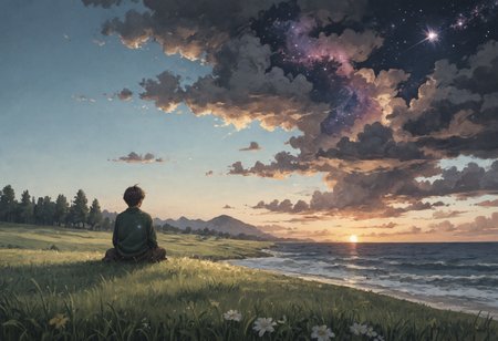 score_9, score_8_up, score_7_up, score_6_up, <lora:GraphiteSketch:.5> gr4ph1t3, <lora:Storybook_V1.1:.7> sbfte,
1boy, facing away, grass, hill, green, sitting,
clouds, sky, purple, sunset, cosmic,