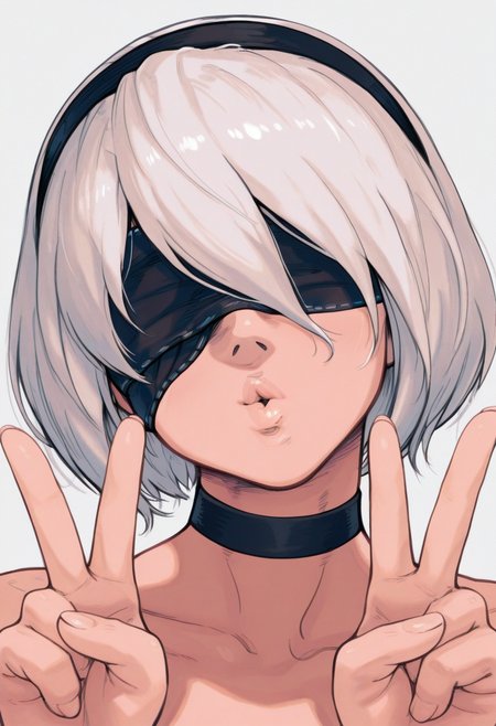 r3110style,   masterpiece, best quality, solo,                                                                                                                                 2B (Nier Automata), white hair, blindfold, faceshot, choker, double v,  puckered lips, head tilt,