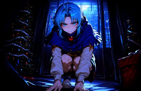 1 girl,  kumoi_ichirin , blue_capelet ,blue_eyes ,blue_hair, capelet , hood, long_sleeves, looking_at_viewer ,medium_hair ,parted_bangs ,sidelocks , solo, v-shaped_eyebrows , white_footwear,
christmas_sweater,  dark, night, indoors,
,Fishine, munakata_(sekimizu_kazuki),dekosukentr,kizuki_aruchu ï¼ireadingï¼kubo_tite_(style) ,
ï¼masterpiece, best quality, newest, absurdres, highres,
<lora:illustrious_noobai_epsilon_pred_1_best_quality_v1:0.4> ,<lora:illustrious_noobai_epsilon_pred_1_masterpieces_v1:0.4>, <lora:illustrious_noobai_epsilon_pred_11_very_aesthetic_v1:0.4>, <lora:ponyv5_noobV065S_1_adamW:0.6>, <lora:add-detail-xl:0.4>, <lora:GEN(illust) 0.2v:0.6>, <lora:USNR STYLE_XL_loha:0.6>, <lora:cfg_scale_boost:0.4>, <lora:christmas_sweater:0.8>