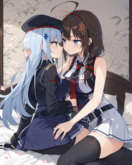 HDA_MasterpieceXLclassic, 2girls, rating_safe, yuri, looking at each other, sitting on white bed, cherry petals on bed, looking at each other, holding each other,
1girl, <lora:hk416.pony:0.9> hk416, def, white long hair, uniform, beret,
1girl, <lora:[PonyXL] Shigure Kai (ZESUMI):0.9> shigurekaisanKC, dark brown hair, single braided low ponytail, hair over shoulder, hair ornament, ahoge, pleated skirt, black gloves, black thighhighs, fingerless gloves, black skirt, sleeveless shirt, red necktie, two-tone shirt, hair flaps, white belt,