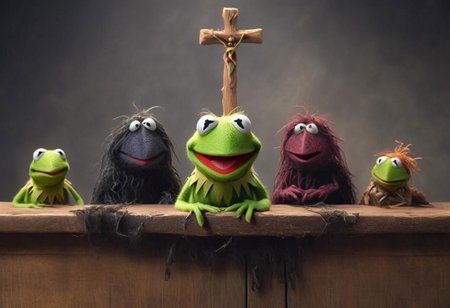 Antichrist Kermit as dark grumpy Christmas demon Monster holding cross upside down, 2-3 Muppet puppets, sitting at wooden table, looking disgusted to Viewer, shocked, mouth Open, Surprised, baby jesus, holy spirit